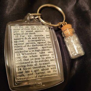 Bible Scripture Keychain with Miniature Vial of Jewels Pendant